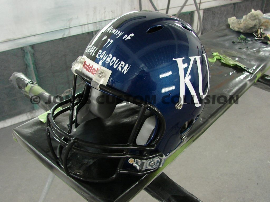 PAINTED FOOTBALL HELMET AND TINS FOR MEMORIAL AUCTION Jones Custom Collision